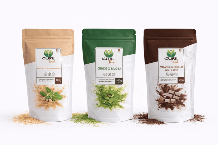 Relaxation superfood powder set with ashwagandha, sweet dream chocolate mix, and ginkgo biloba