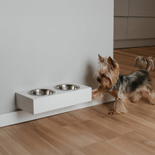 Wall-mounted oak wooden pet bowl stand with two stainless steel bowls for small dogs and cats