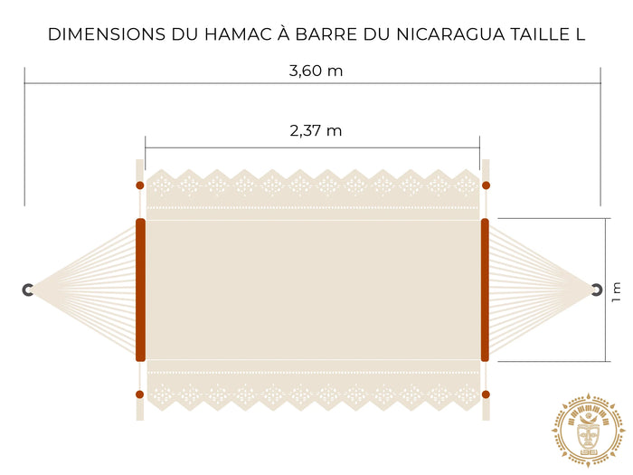 Handwoven León Deluxe L-bar cotton hammock with wooden spreader bars and decorative fringe