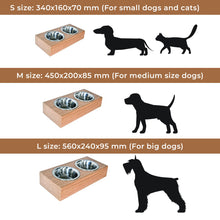 Medium floating wooden pet feeding stand with two stainless steel bowls in oak finish