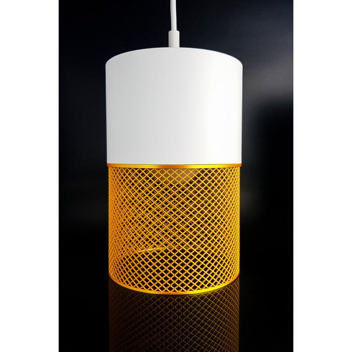 Loom Ivory Aura 3D printed pendant light with ivory top and golden yellow mesh pattern