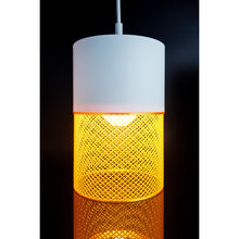 Loom Ivory Aura 3D printed pendant light with ivory top and golden yellow mesh pattern