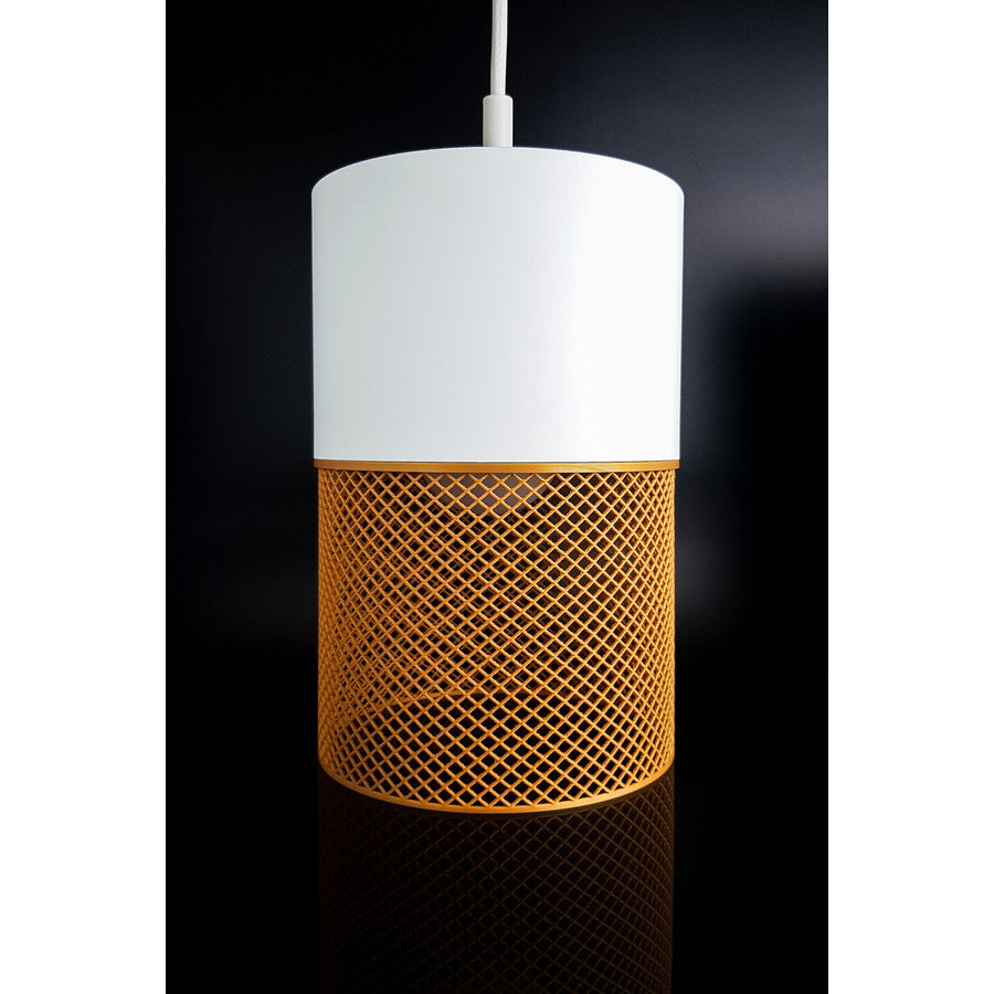 Loom Ivory Dune 3D printed pendant light with ivory upper section and golden yellow mesh-style lower shade