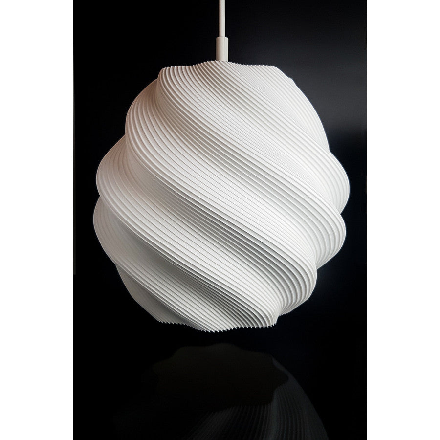 Ivory white Twista 3D printed pendant light with a twisted ribbed sculptural form