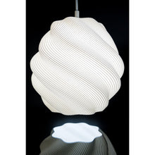 Ivory white Twista 3D printed pendant light with a twisted ribbed sculptural form