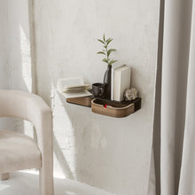 Wall-mounted floating shelf with two drawers in a minimalist wood finish