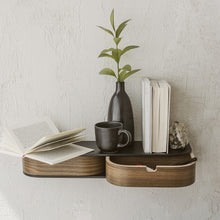 Wall-mounted floating shelf with two drawers in a minimalist wood finish