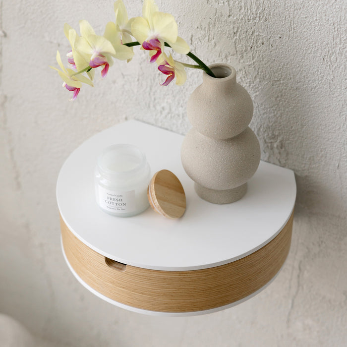 Floating Nightstand with Drawer, Rounded Wood Wall Shelf-0