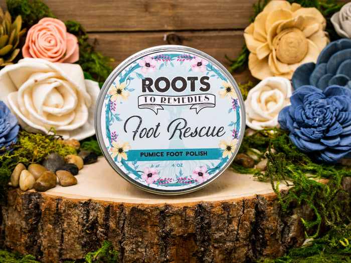 Jar of Foot Rescue mineral foot scrub for dry, tired feet