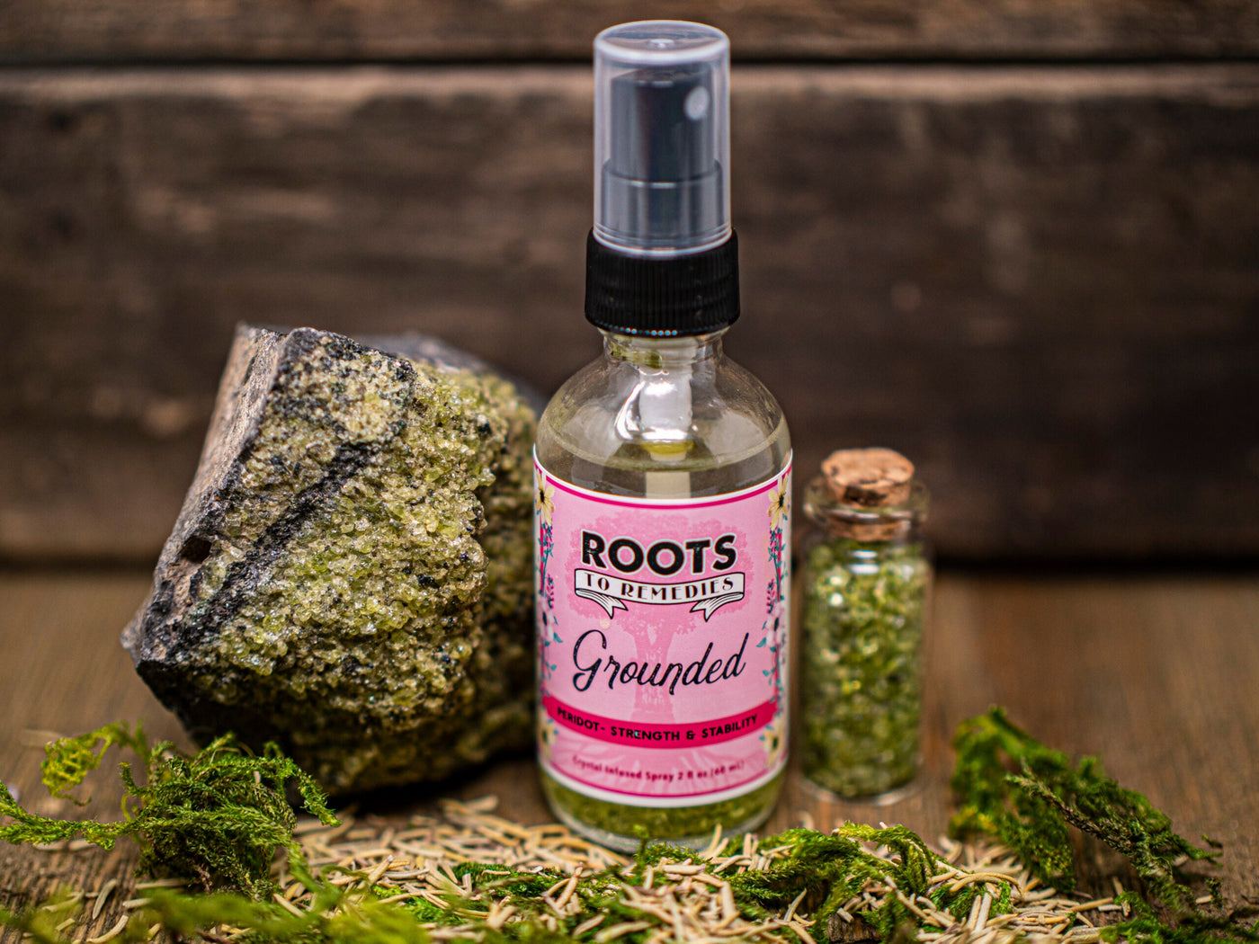 Grounded crystal and herbal infused spray bottle