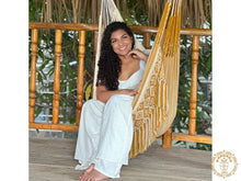 Florencia XL Colombian hammock chair in gold and ecru cotton-rich fabric