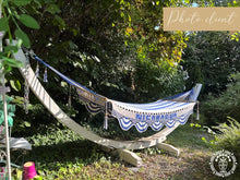 Nicaragua L-bar cotton hammock in blue and white with wooden spreader bars