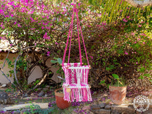 Rosado macramé baby hammock chair in pink and ecru cotton with wooden frame