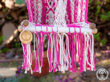 Rosado macramé baby hammock chair in pink and ecru cotton with wooden frame