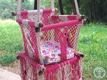 Rosado macramé baby hammock chair in pink and ecru cotton with wooden frame
