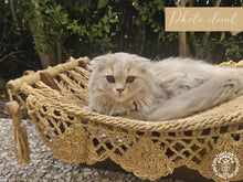 Taupe cat hammock with wooden stand for a cosy raised pet bed