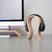 Minimalist oak wooden headphone stand for desk or studio use