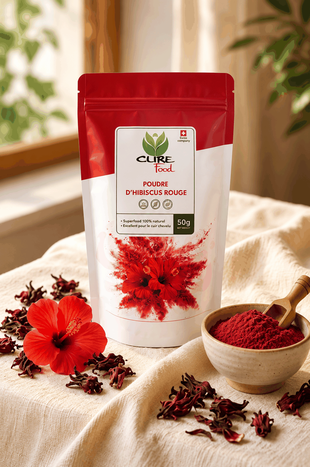 Organic red hibiscus powder for tea, smoothies and recipes