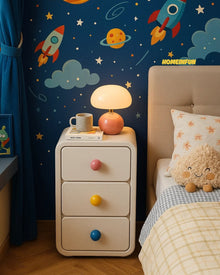 Narrow bedside cabinet with playful drawer knobs and compact storage