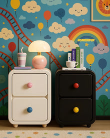 Narrow bedside cabinet with playful drawer knobs and compact storage
