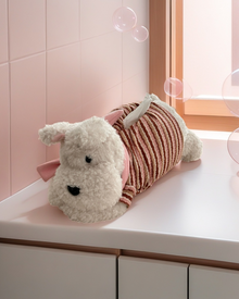Plush dog-shaped tissue box cover in pajama style for home décor