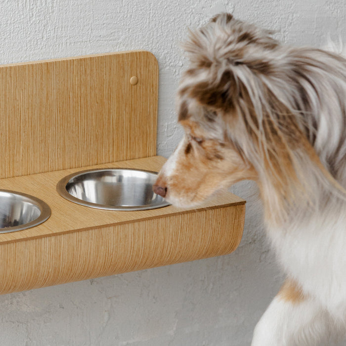 Wall-mounted oak wooden dog feeder with two stainless steel bowls