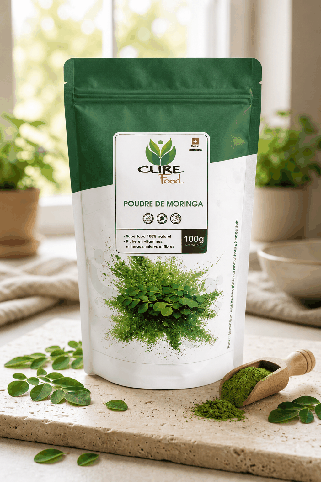 Organic moringa powder 100g for smoothies, teas, and recipes