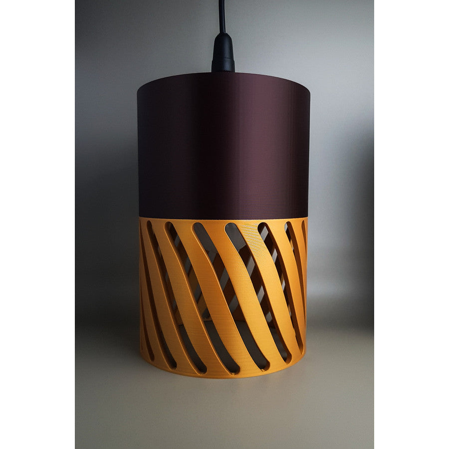 Moro Dune 3D printed pendant light with cocoa brown and golden brown spiral openwork shade