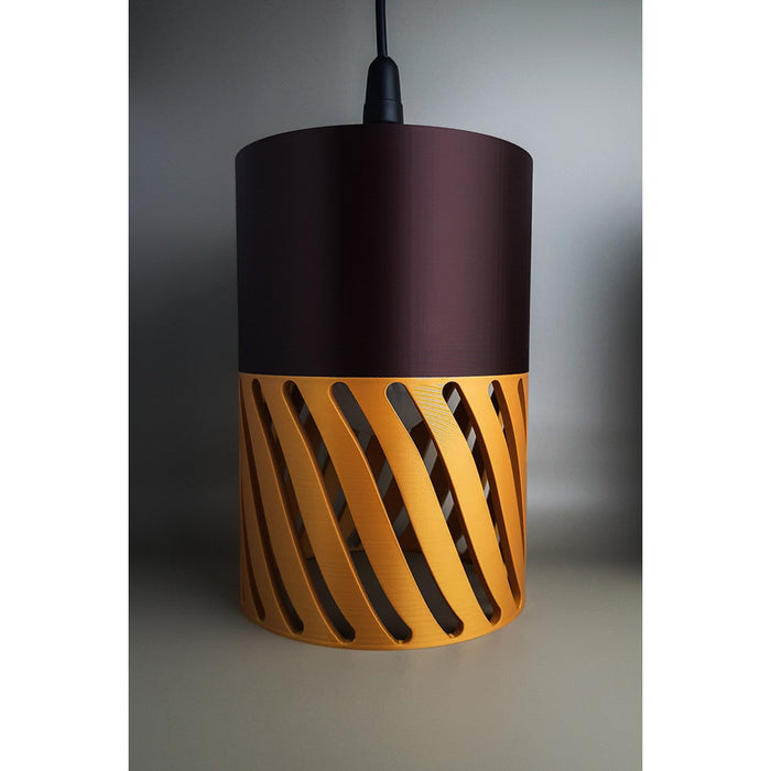 Moro Dune 3D printed pendant light with cocoa brown and golden brown spiral openwork shade