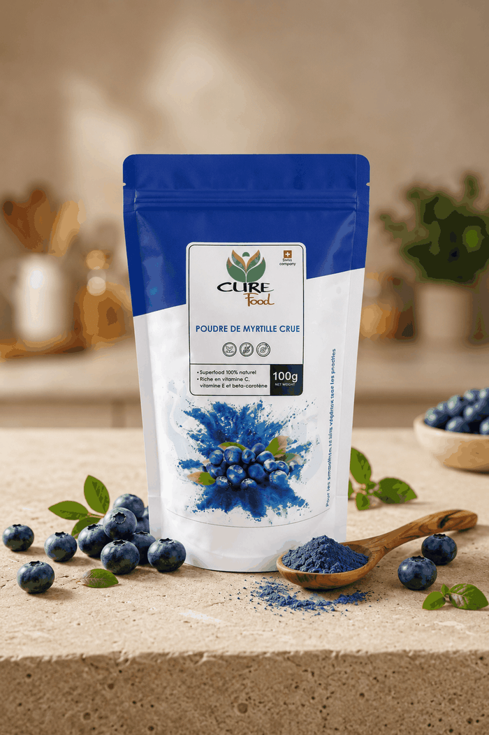 Raw blueberry powder in 100g pack for smoothies, bowls and desserts