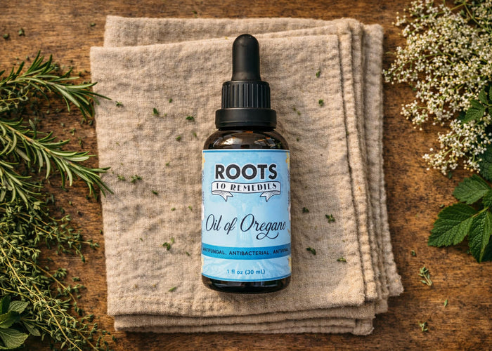 Organic oil of oregano drops in a 1 oz bottle