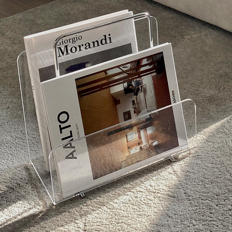 Clear acrylic magazine and book rack for desk or floor storage