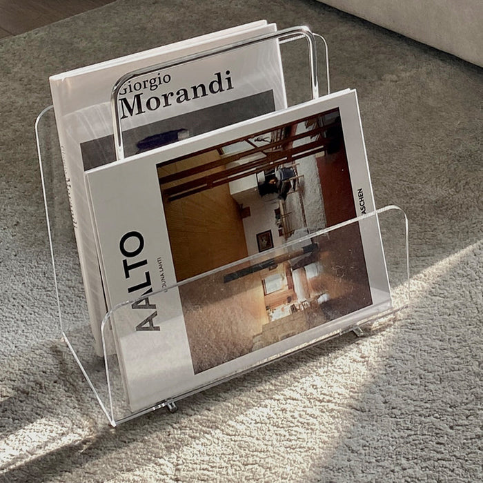 Clear acrylic magazine and book rack for desk or floor storage
