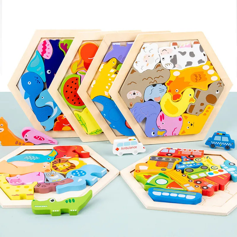 Állatos mintájú fa hatszög tangram kirakó
