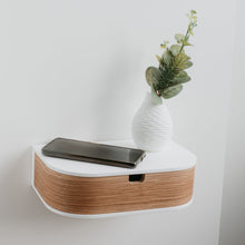 Oak and white floating bedside shelf with single drawer