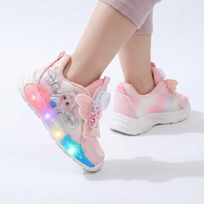 Rózsaszín LED-es gyerek sneaker pillangós díszítéssel