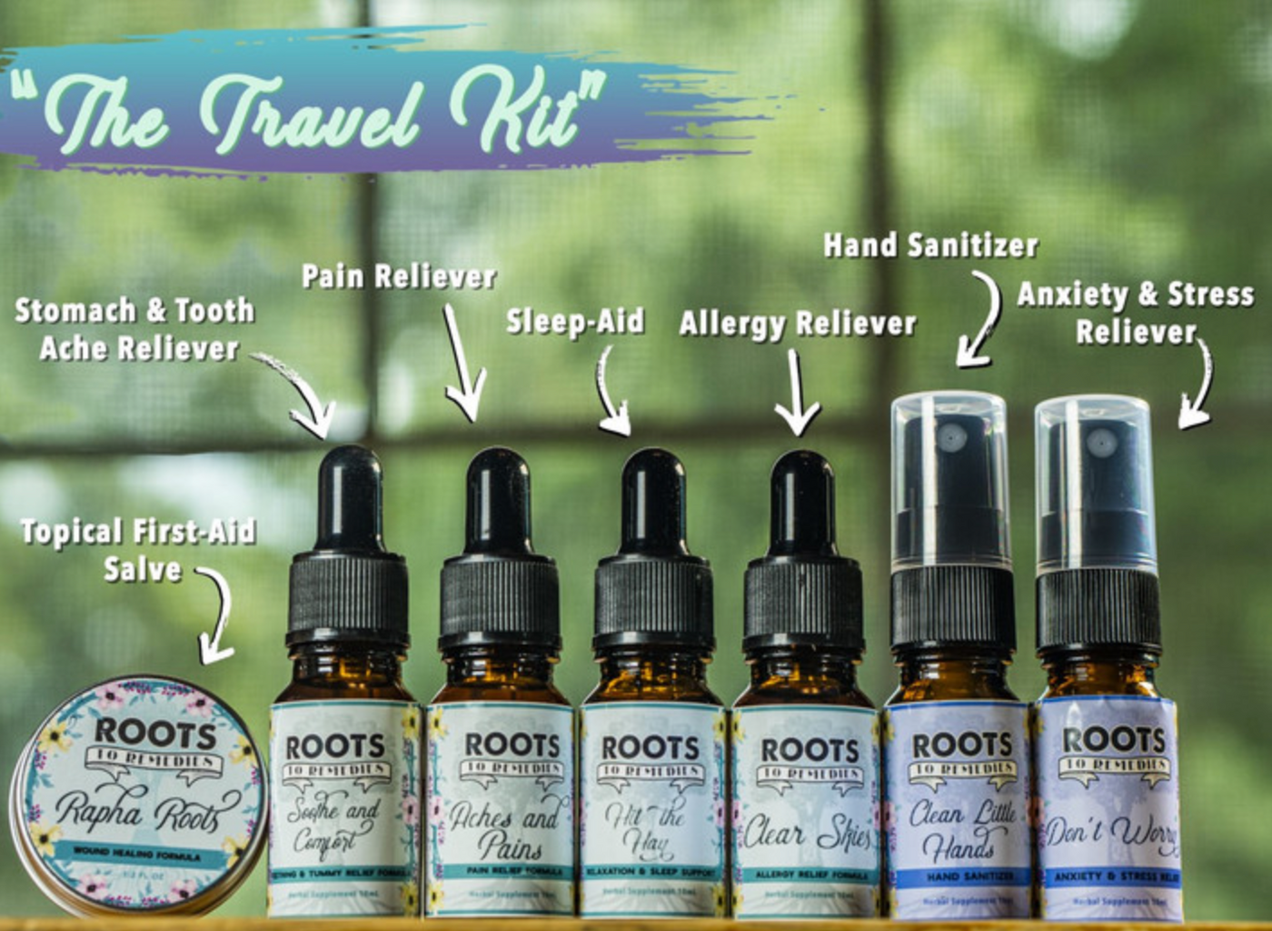 Herbal travel kit with salve, extracts, and sprays