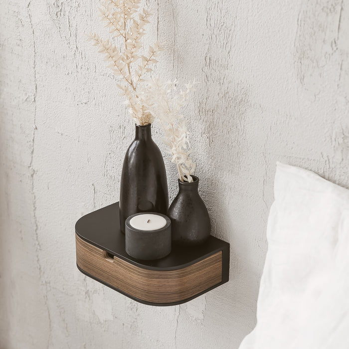 Oak and white floating bedside shelf with single drawer