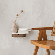 Oak and white floating bedside shelf with single drawer