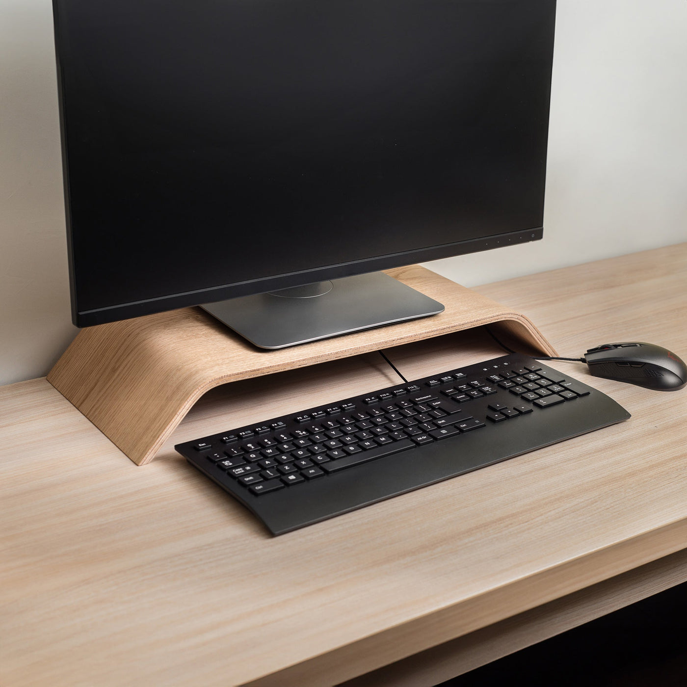 Wooden monitor stand riser for organizing a desk workspace