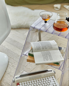 Grey foldable acrylic and metal ladder side table for small spaces