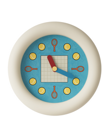 Tennis-inspired wall clock with racket and ball hour markers and pendulum