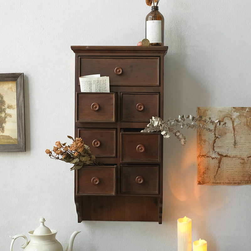 French vintage solid wood wall cabinet with drawers and shelves