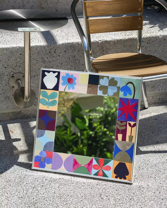 Bauhaus style square art wall mirror with hand-painted graphic tile border
