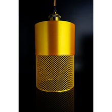 Gold cylindrical Aura Max pendant light with intricate geometric lower section
