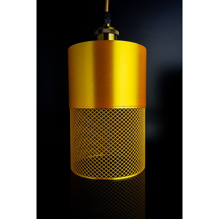 Gold cylindrical Aura Max pendant light with intricate geometric lower section