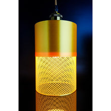 Gold cylindrical Aura Max pendant light with intricate geometric lower section