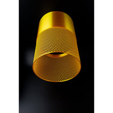 Gold cylindrical Aura Max pendant light with intricate geometric lower section