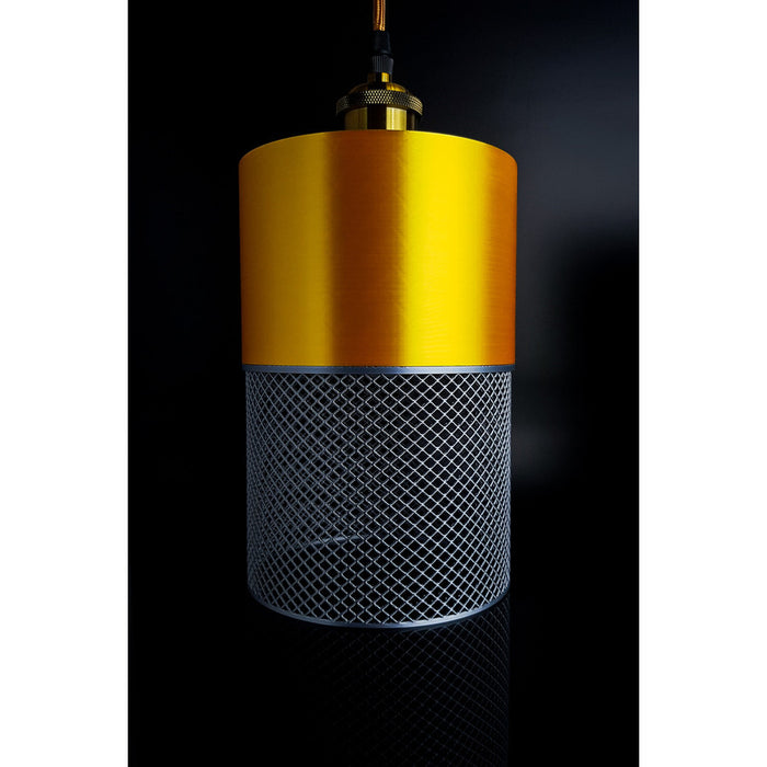 Aura Nebula modern pendant light with glossy gold body and silver-toned mesh detail