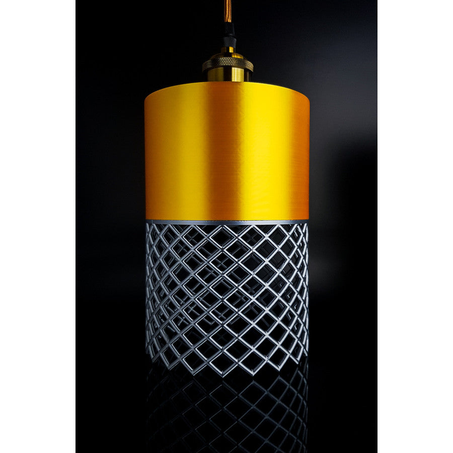 Vertex Aura Nebula modern lamp with glossy gold upper section and silver lattice lower element
